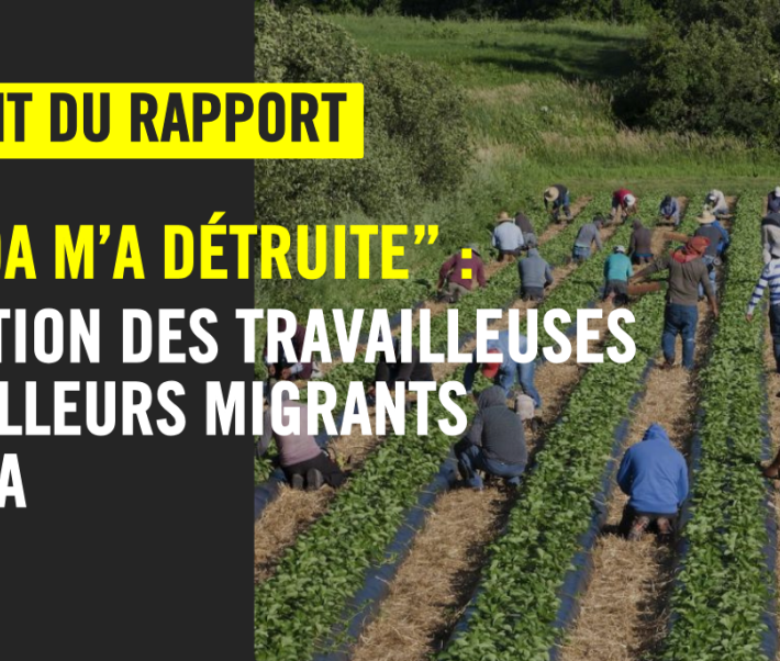 Visuel de lancement du rapport "Exploitation au travail des  travailleuses et travailleurs  migrants au Canada"