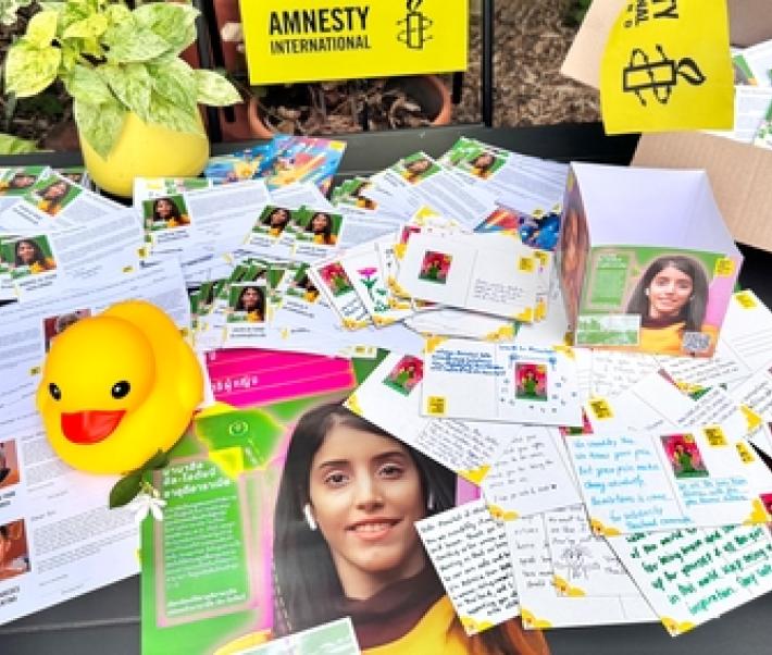 Petitions and postcards from the W4Rs campaign in the case of Manahel al-Otaibil from Thailand.