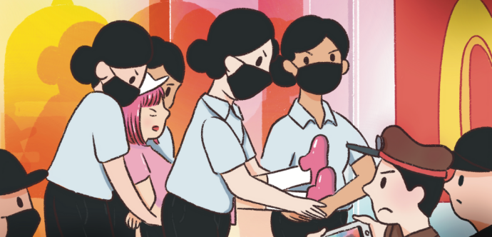 Un dessin qui représente des femmes en uniformes et avec des masques chirurgicaux qui portent une jeune, visiblement pour l'arrêter
