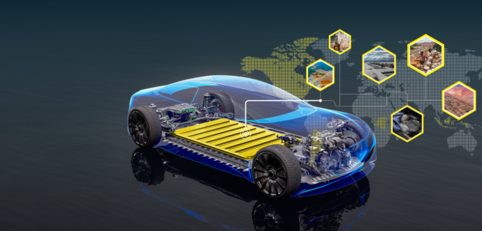 Illustration d'un véhicule électrique avec tous les types de minerais qui le composent