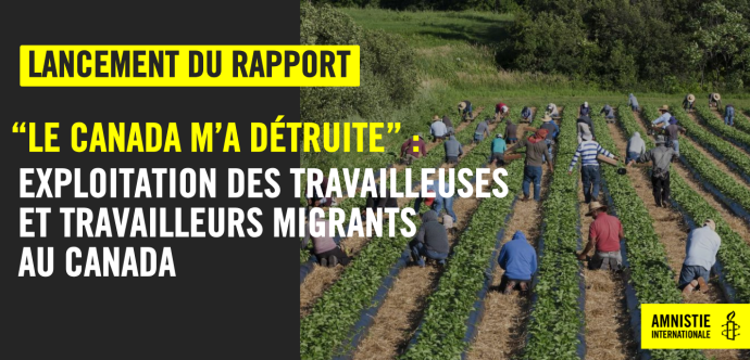 Visuel de lancement du rapport "Exploitation au travail des  travailleuses et travailleurs  migrants au Canada"