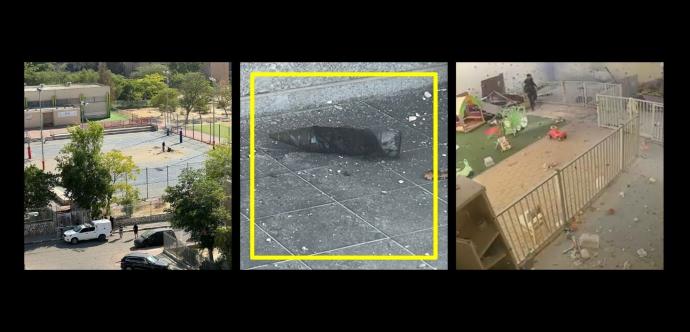 Montage de trois images illustrant les conséquences d’une attaque. À gauche, une vue aérienne d’un terrain de sport vide entouré de grilles, avec quelques personnes et véhicules à proximité. Au centre, un gros plan d’un projectile métallique noirci posé sur le sol, encadré en jaune. À droite, une pièce intérieure de type crèche ou aire de jeux pour enfants, gravement endommagée, jonchée de débris et jouets éparpillés, avec une personne en tenue noire en arrière-plan.