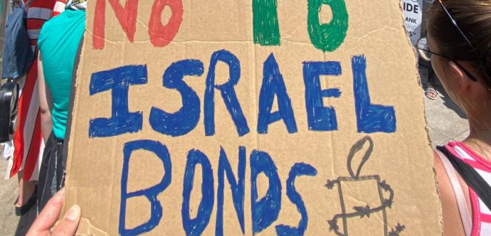 Pancarte « Say No to Israel Bonds » (Disons non aux obligations israéliennes) 