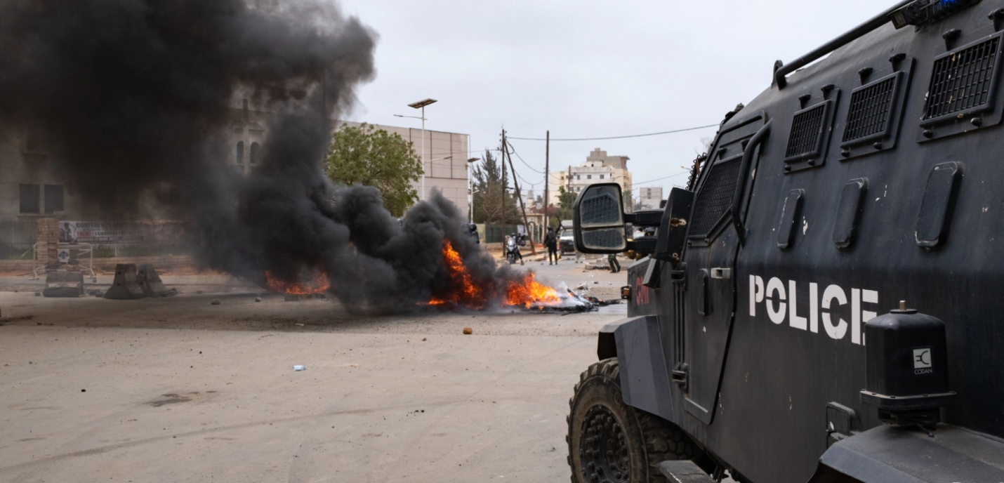 Camionnette de police devant un feu en raison de manifestations