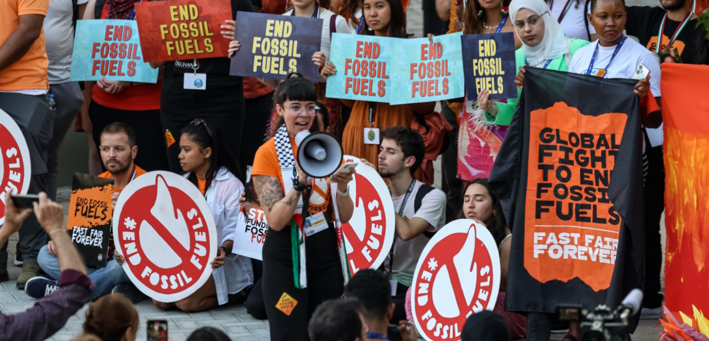 Manifestants brandissant des pancartes "End fossil fuel"