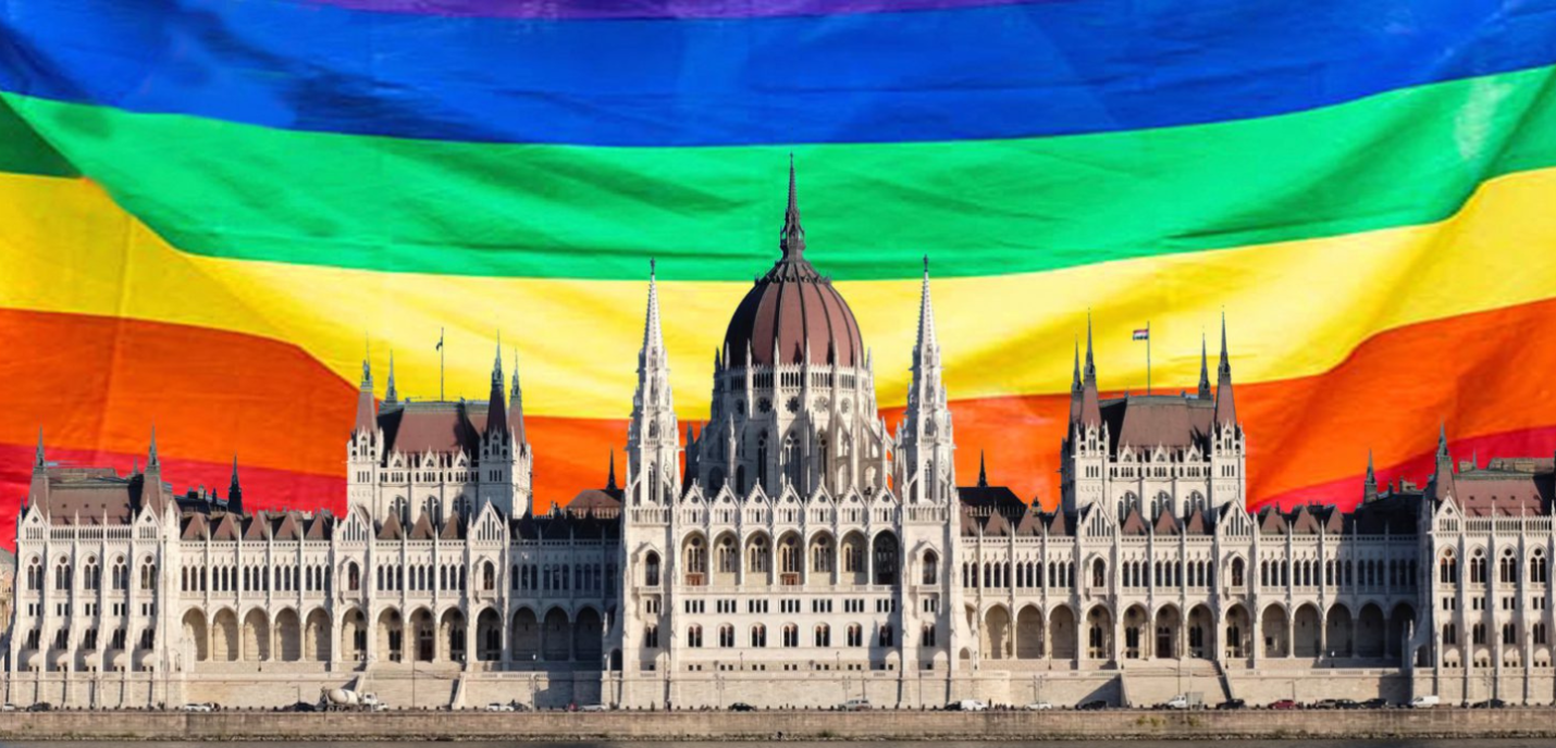 Bâtiment sur fond de drapeau LGBTI