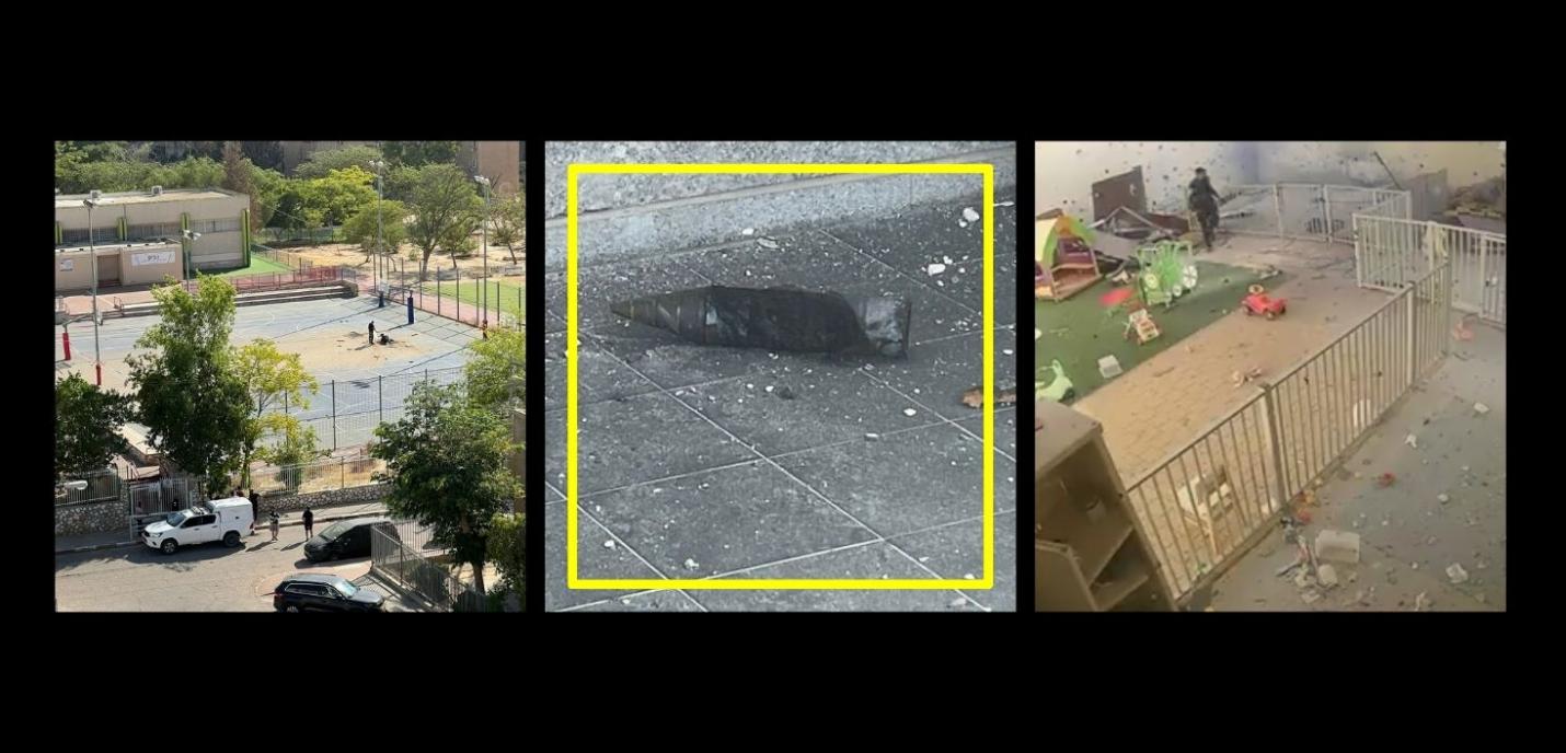 Montage de trois images illustrant les conséquences d’une attaque. À gauche, une vue aérienne d’un terrain de sport vide entouré de grilles, avec quelques personnes et véhicules à proximité. Au centre, un gros plan d’un projectile métallique noirci posé sur le sol, encadré en jaune. À droite, une pièce intérieure de type crèche ou aire de jeux pour enfants, gravement endommagée, jonchée de débris et jouets éparpillés, avec une personne en tenue noire en arrière-plan.