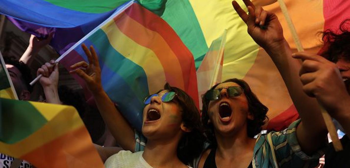 Deux personnes portant des lunettes de soleil et criant de joie sous un grand drapeau arc-en-ciel lors d'une manifestation pour les droits LGBTQIA+. Elles lèvent les bras en signe de victoire. L'ambiance est festive et militante, entourées de drapeaux multicolores.