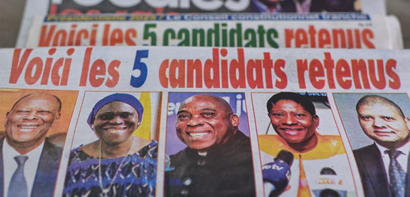 Affiche présentant les cinq candidats aux élections de la Côte d'Yvoire 