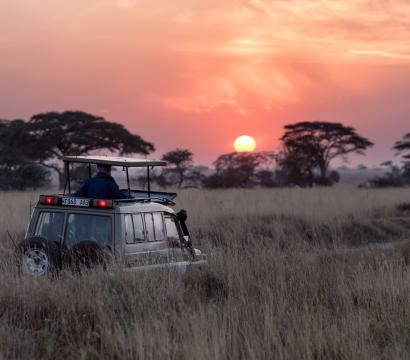 Voiture en Tanzanie, au coucher de soleil