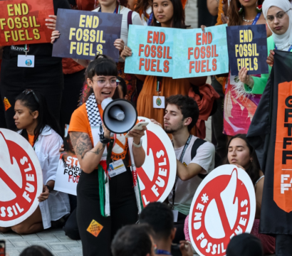 Manifestants brandissant des pancartes "End fossil fuel"