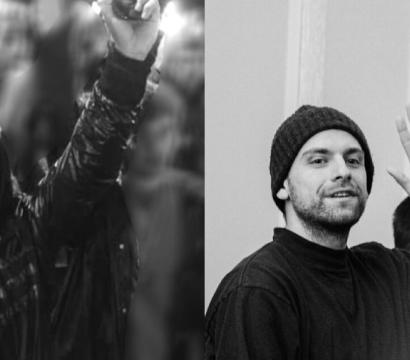 Deux photos en noir et blanc placées côte à côte. À gauche, un homme barbu portant une veste imperméable lève le poing en signe de protestation dans une foule floue en arrière-plan. À droite, un autre homme barbu, vêtu d’un bonnet et d’un pull sombre, esquisse un sourire et lève la main comme pour saluer, à l’intérieur d’un bâtiment.